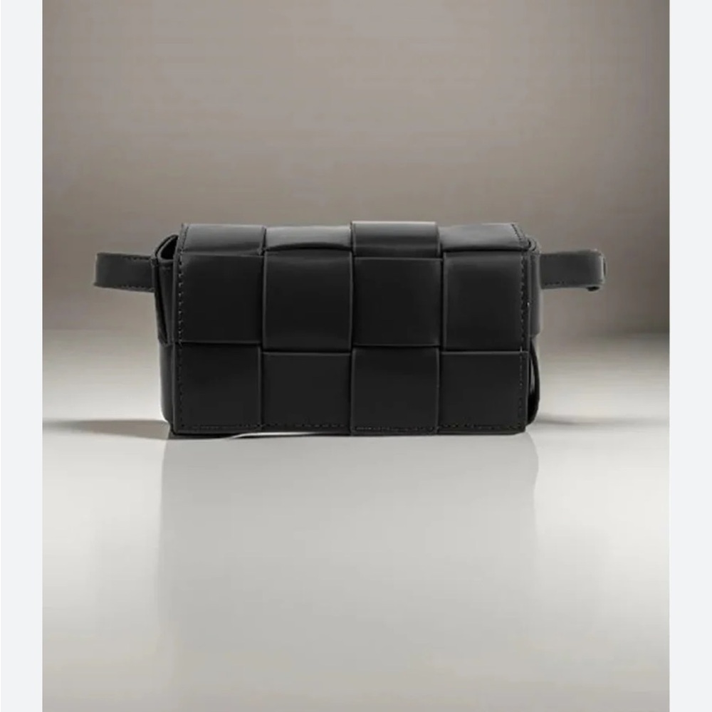 Black Woven Vegan Leather Crossbody Belt Bag